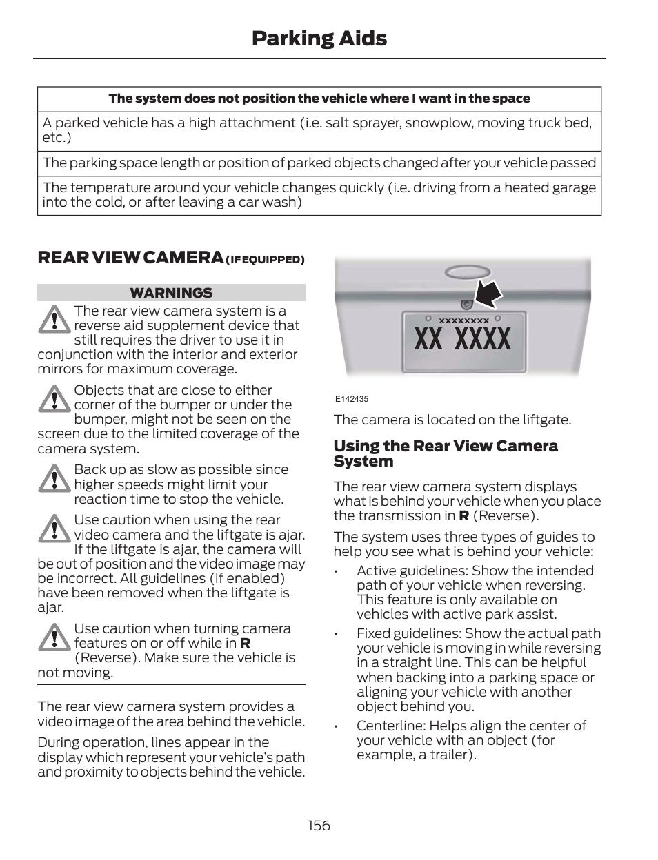Parking aids, Rear view camera | FORD 2014 Escape v.1 User Manual | Page 159 / 428