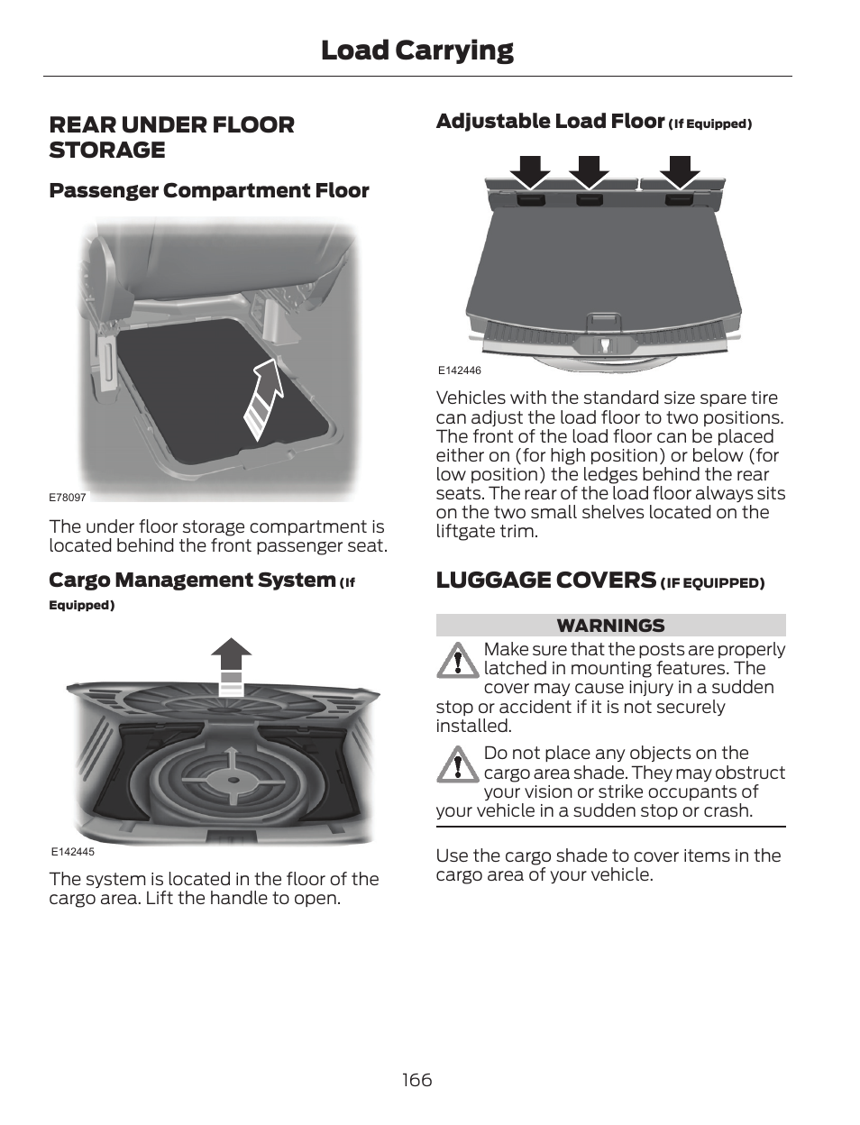 Load carrying, Rear under floor storage, Luggage covers | FORD 2014 Escape v.1 User Manual | Page 169 / 428