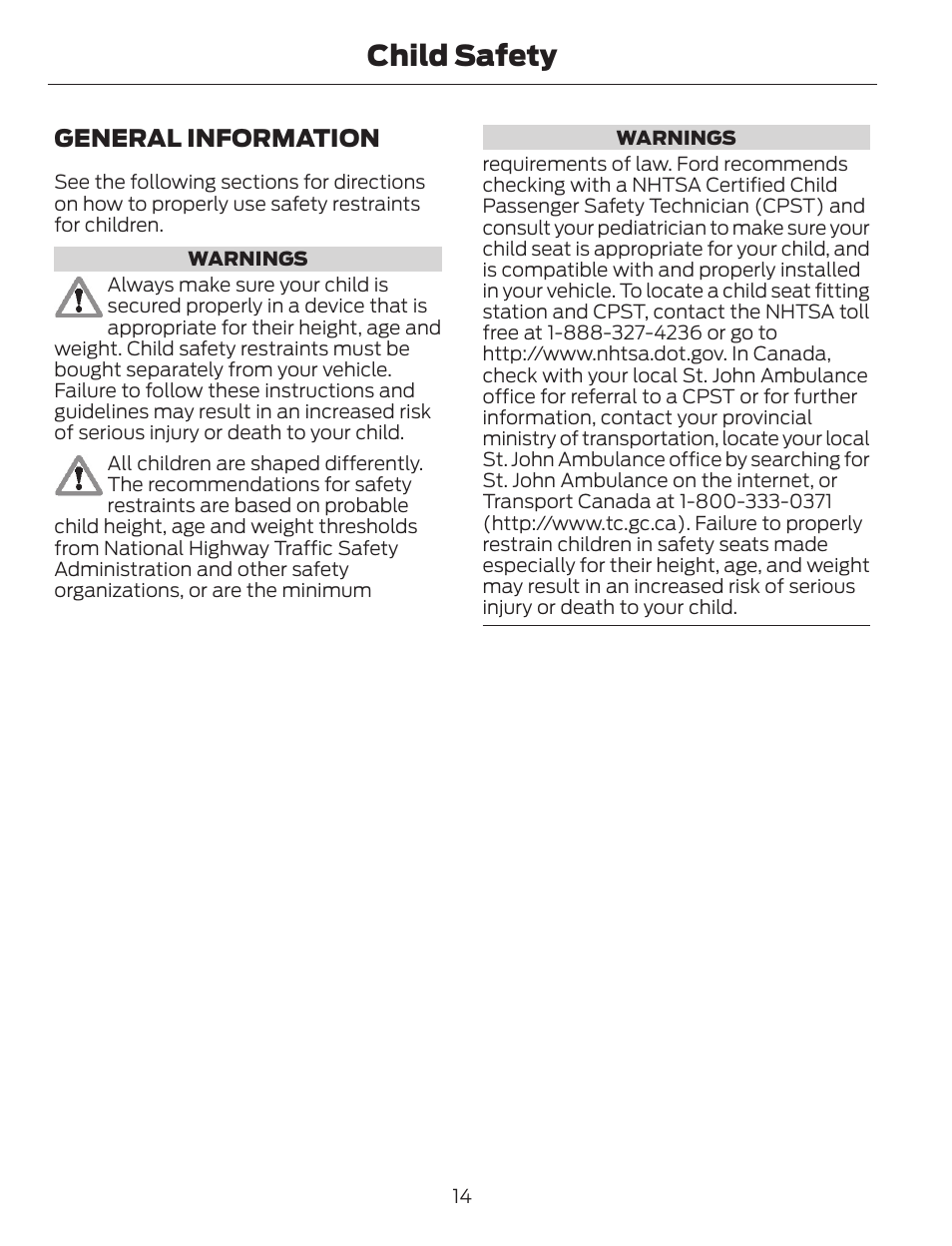 Child safety, General information | FORD 2014 Escape v.1 User Manual | Page 17 / 428