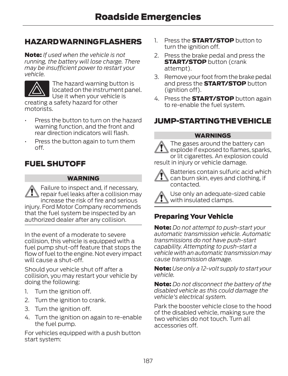 Roadside emergencies, Hazard warning flashers, Fuel shutoff | Jump-starting the vehicle | FORD 2014 Escape v.1 User Manual | Page 190 / 428