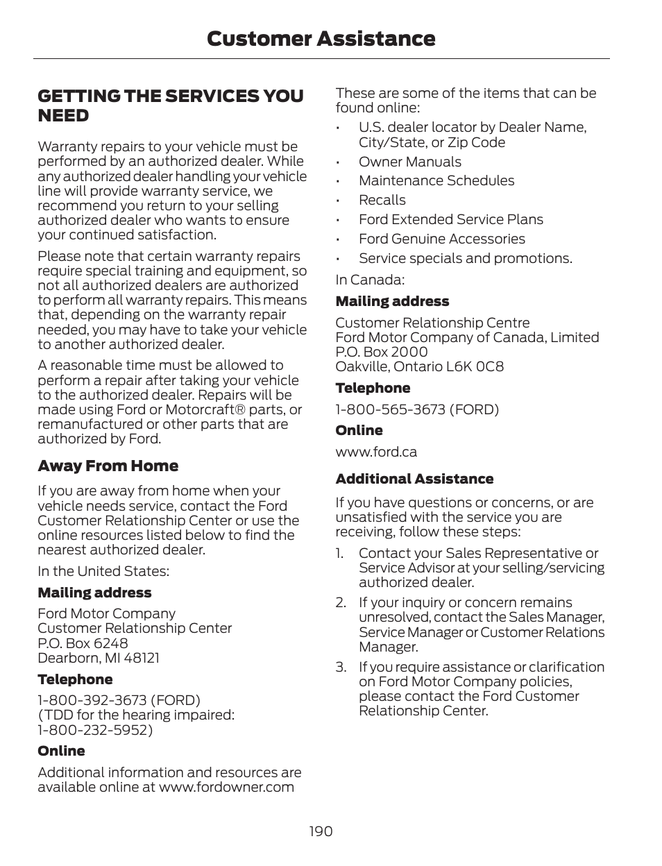Customer assistance, Getting the services you need | FORD 2014 Escape v.1 User Manual | Page 193 / 428