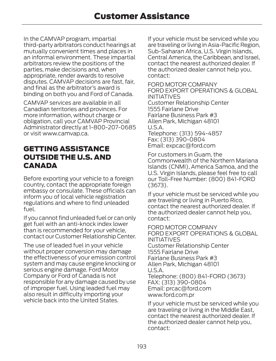 Customer assistance, Getting assistance outside the u.s. and canada | FORD 2014 Escape v.1 User Manual | Page 196 / 428
