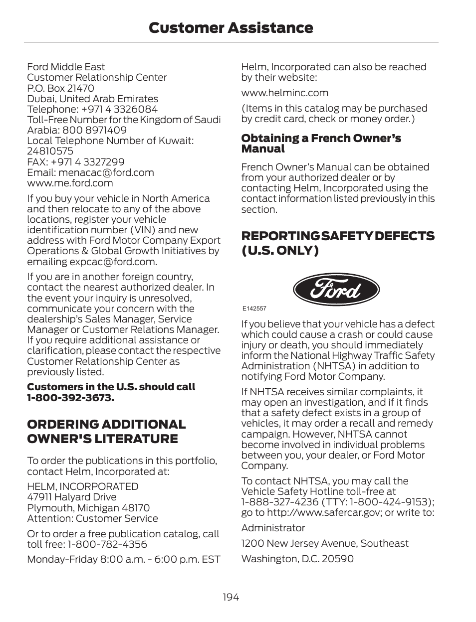 Customer assistance, Ordering additional owner's literature, Reporting safety defects (u.s. only) | FORD 2014 Escape v.1 User Manual | Page 197 / 428