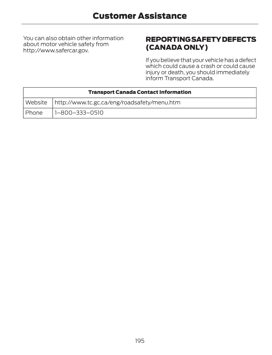 Customer assistance, Reporting safety defects (canada only) | FORD 2014 Escape v.1 User Manual | Page 198 / 428