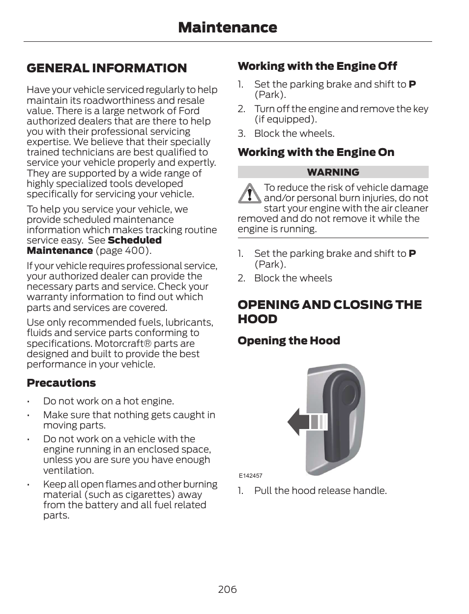 Maintenance, General information, Opening and closing the hood | FORD 2014 Escape v.1 User Manual | Page 209 / 428
