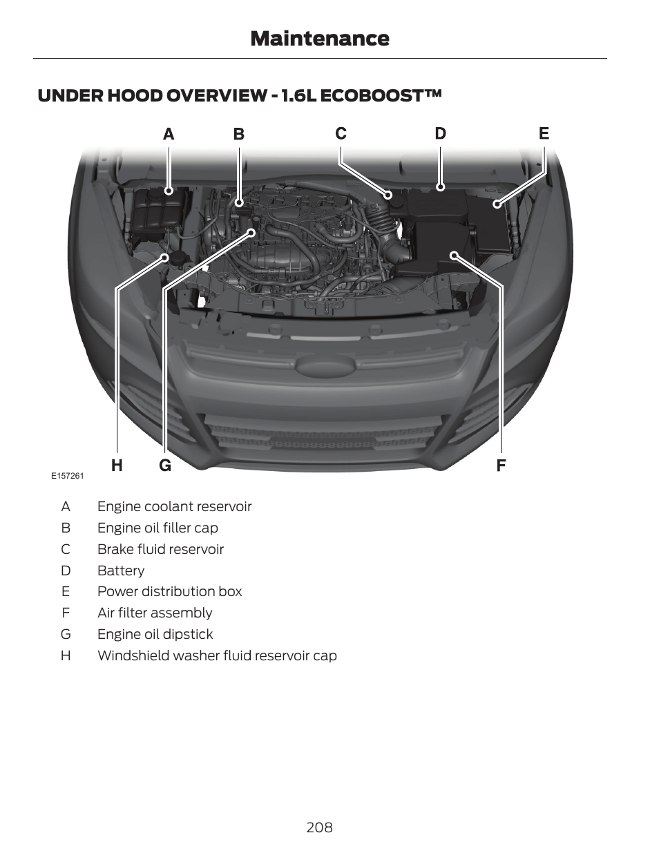 Maintenance, Under hood overview - 1.6l ecoboost | FORD 2014 Escape v.1 User Manual | Page 211 / 428