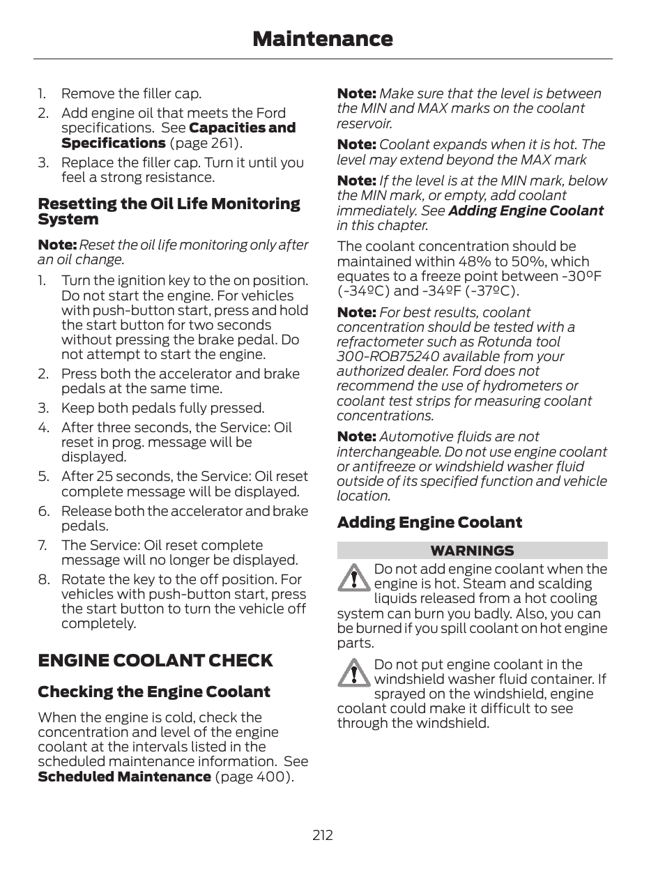 Maintenance, Engine coolant check | FORD 2014 Escape v.1 User Manual | Page 215 / 428