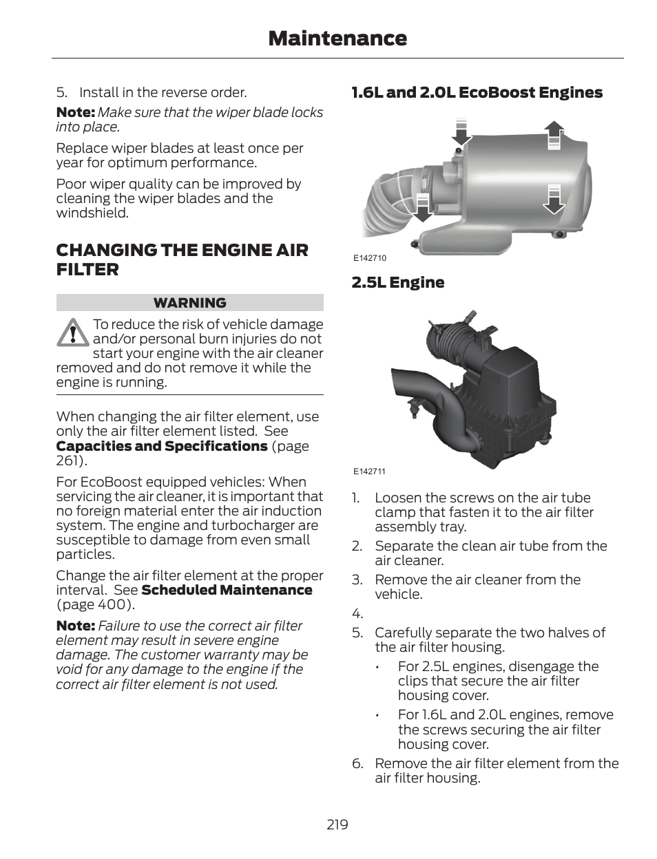 Maintenance, Changing the engine air filter | FORD 2014 Escape v.1 User Manual | Page 222 / 428