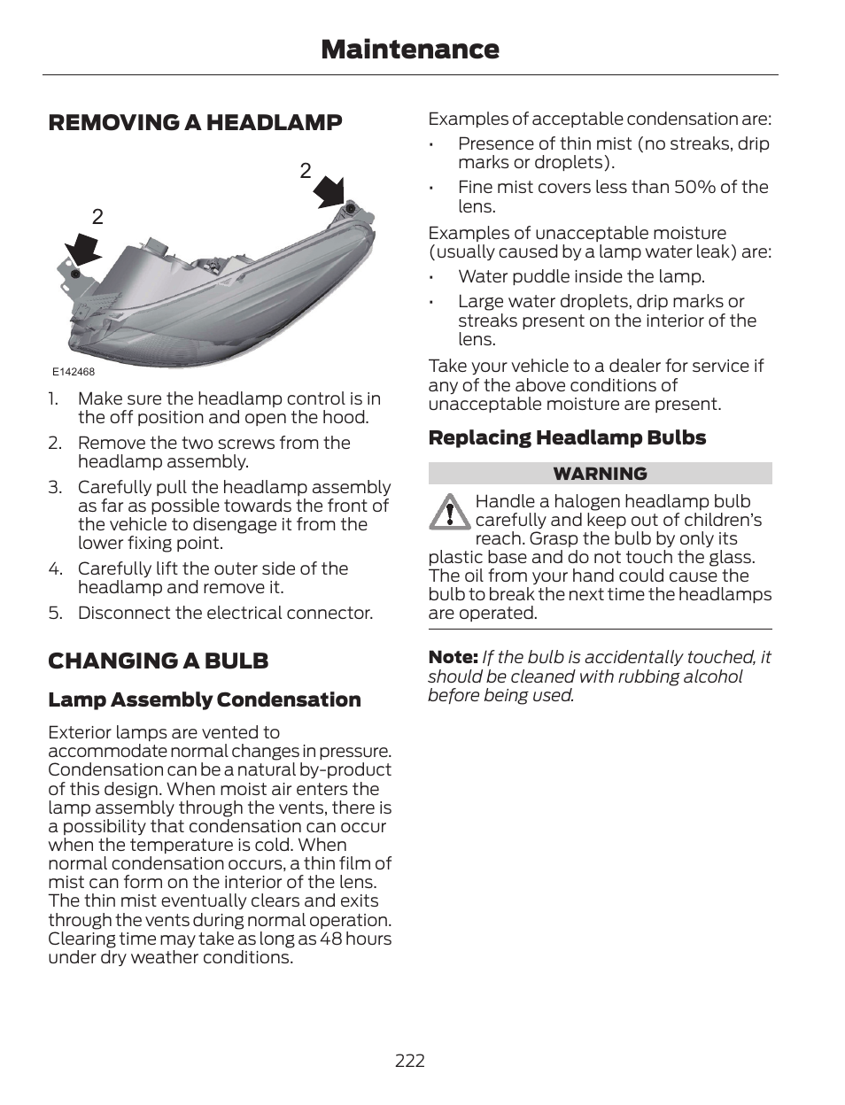 Maintenance, Removing a headlamp 2 2, Changing a bulb | FORD 2014 Escape v.1 User Manual | Page 225 / 428