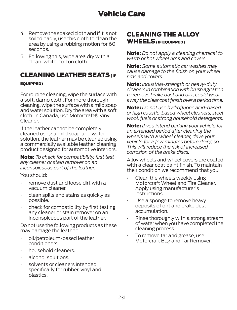 Vehicle care, Cleaning leather seats, Cleaning the alloy wheels | FORD 2014 Escape v.1 User Manual | Page 234 / 428