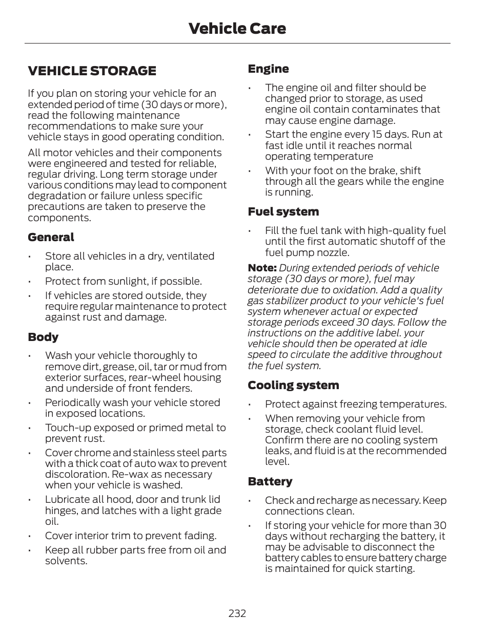 Vehicle care, Vehicle storage | FORD 2014 Escape v.1 User Manual | Page 235 / 428