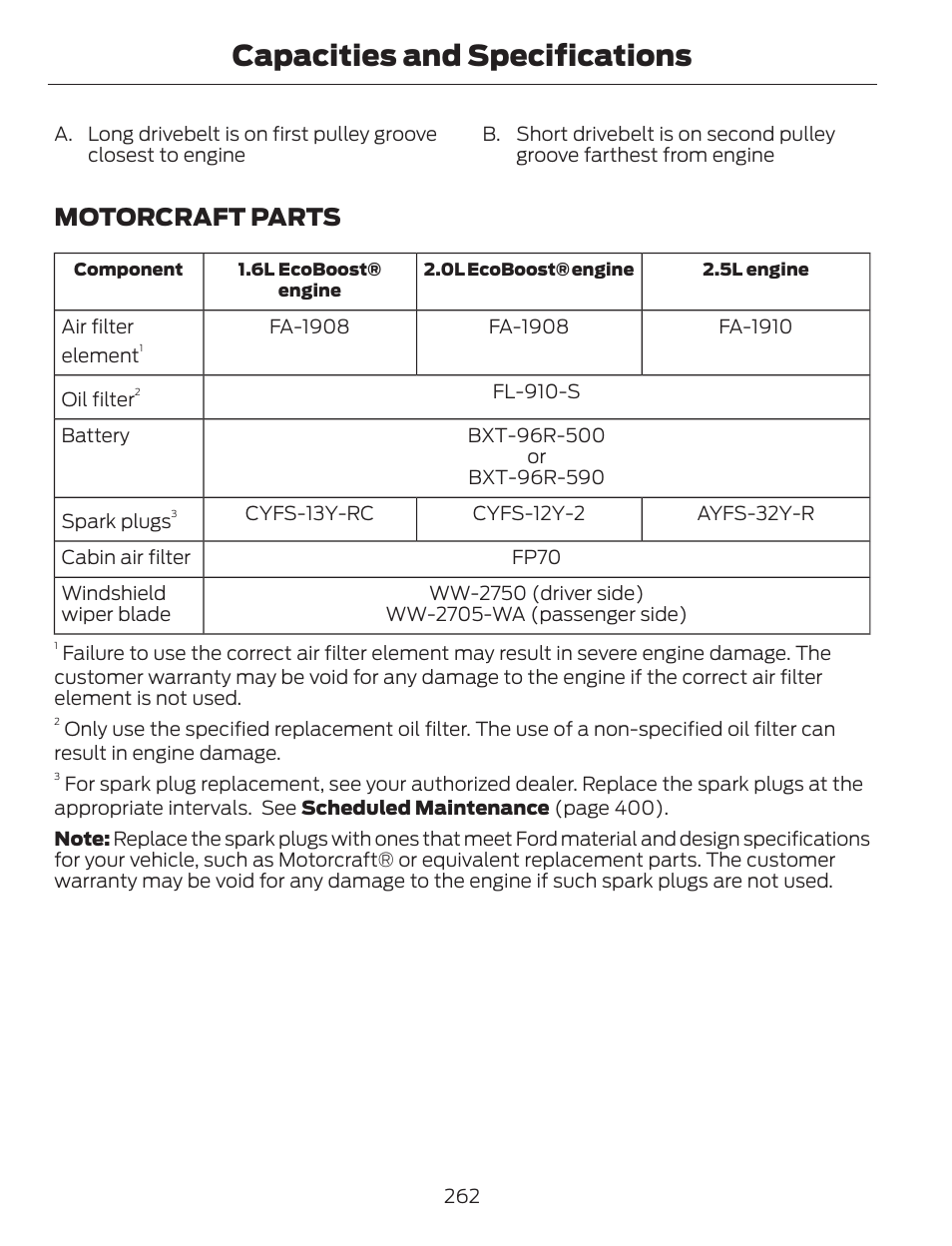 Capacities and specifications, Motorcraft parts | FORD 2014 Escape v.1 User Manual | Page 265 / 428