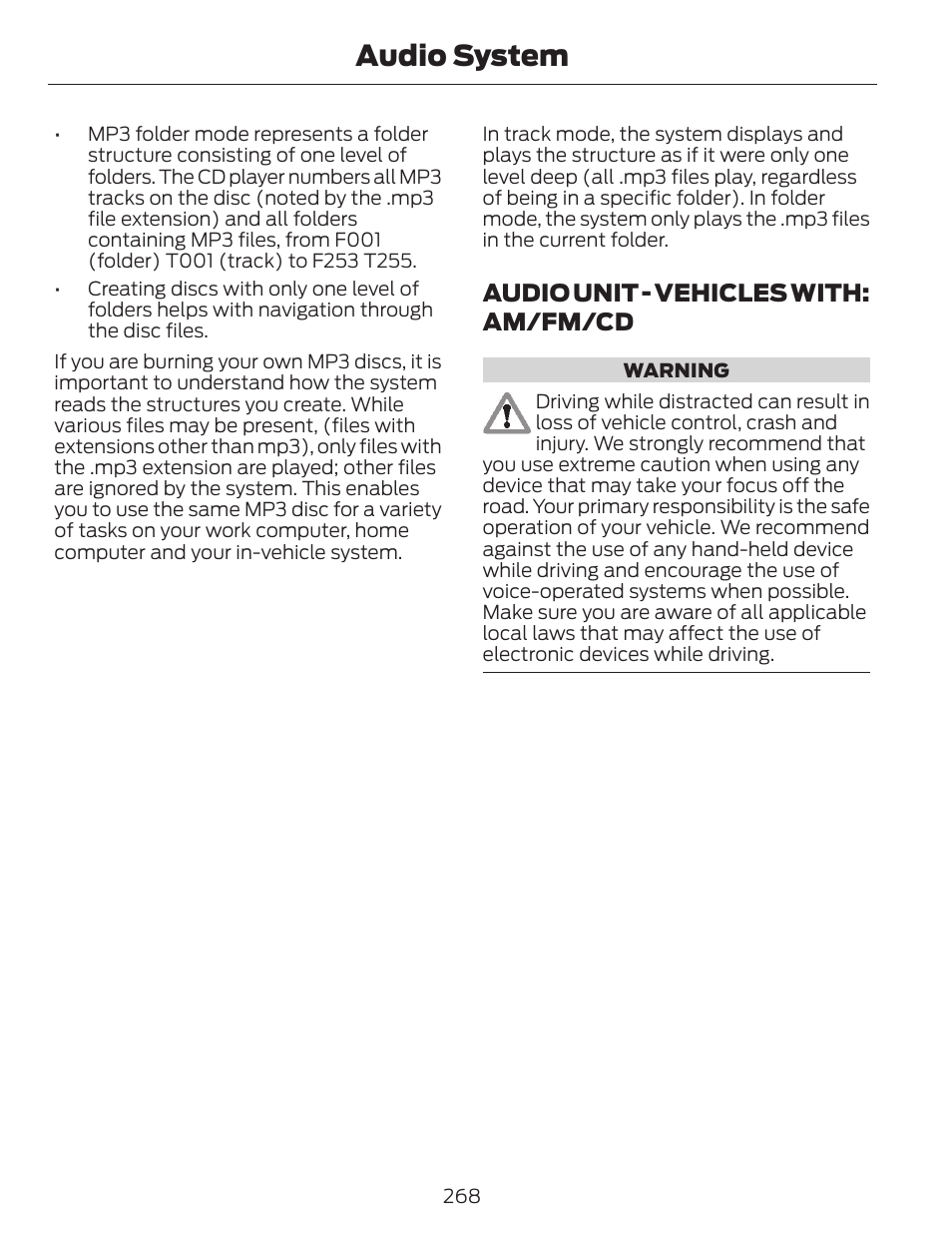 Audio system, Audio unit - vehicles with: am/fm/cd | FORD 2014 Escape v.1 User Manual | Page 271 / 428