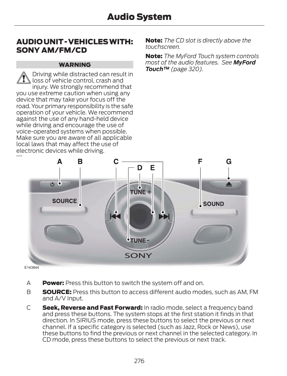 Audio system, Audio unit - vehicles with: sony am/fm/cd | FORD 2014 Escape v.1 User Manual | Page 279 / 428