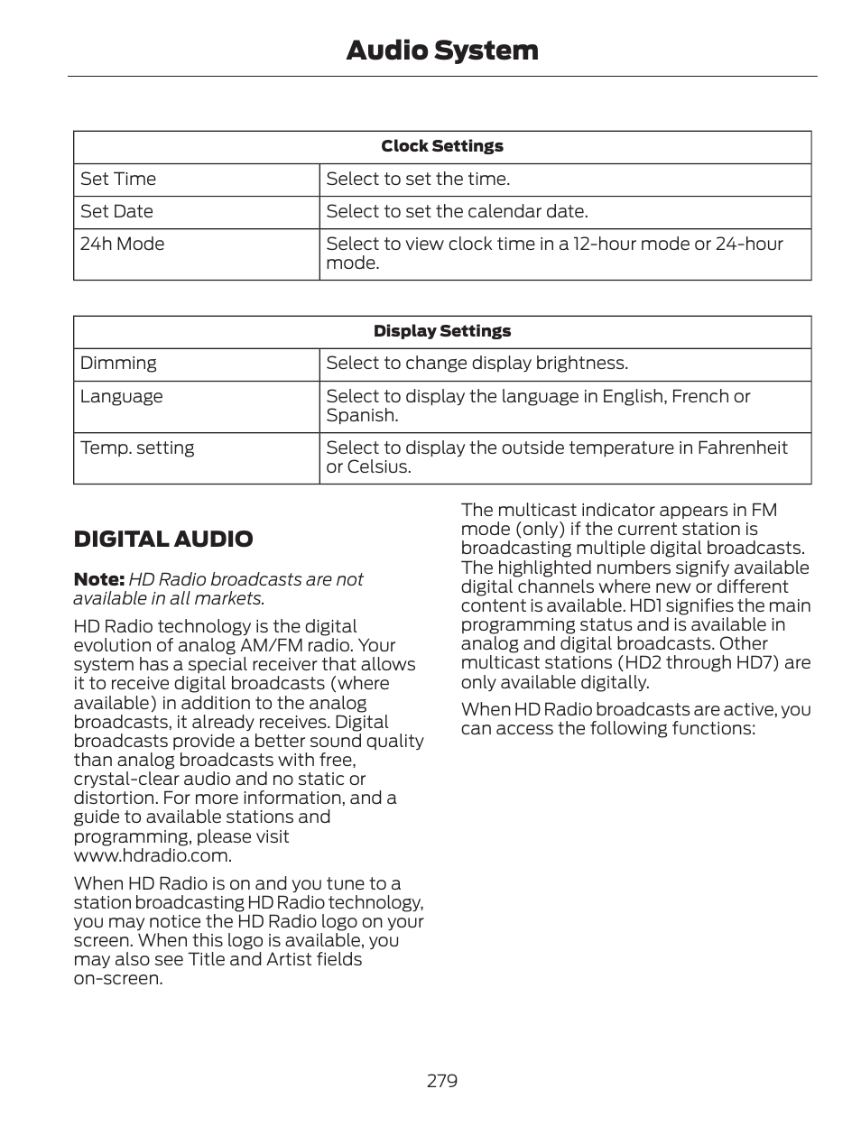 Audio system, Digital audio | FORD 2014 Escape v.1 User Manual | Page 282 / 428