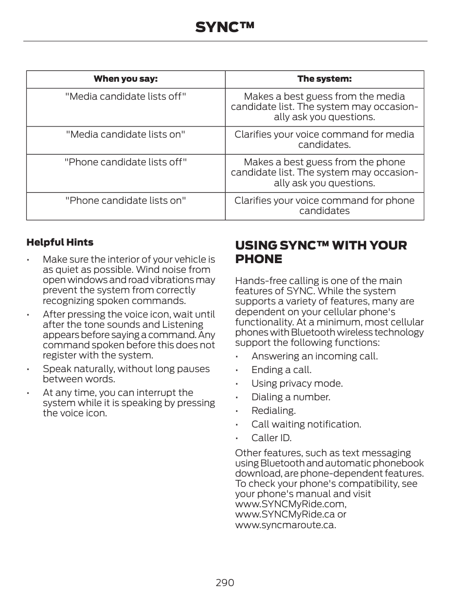 Sync, Using sync™ with your phone | FORD 2014 Escape v.1 User Manual | Page 293 / 428