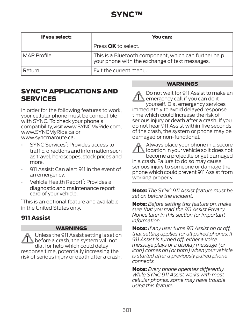 Sync, Sync™ applications and services | FORD 2014 Escape v.1 User Manual | Page 304 / 428