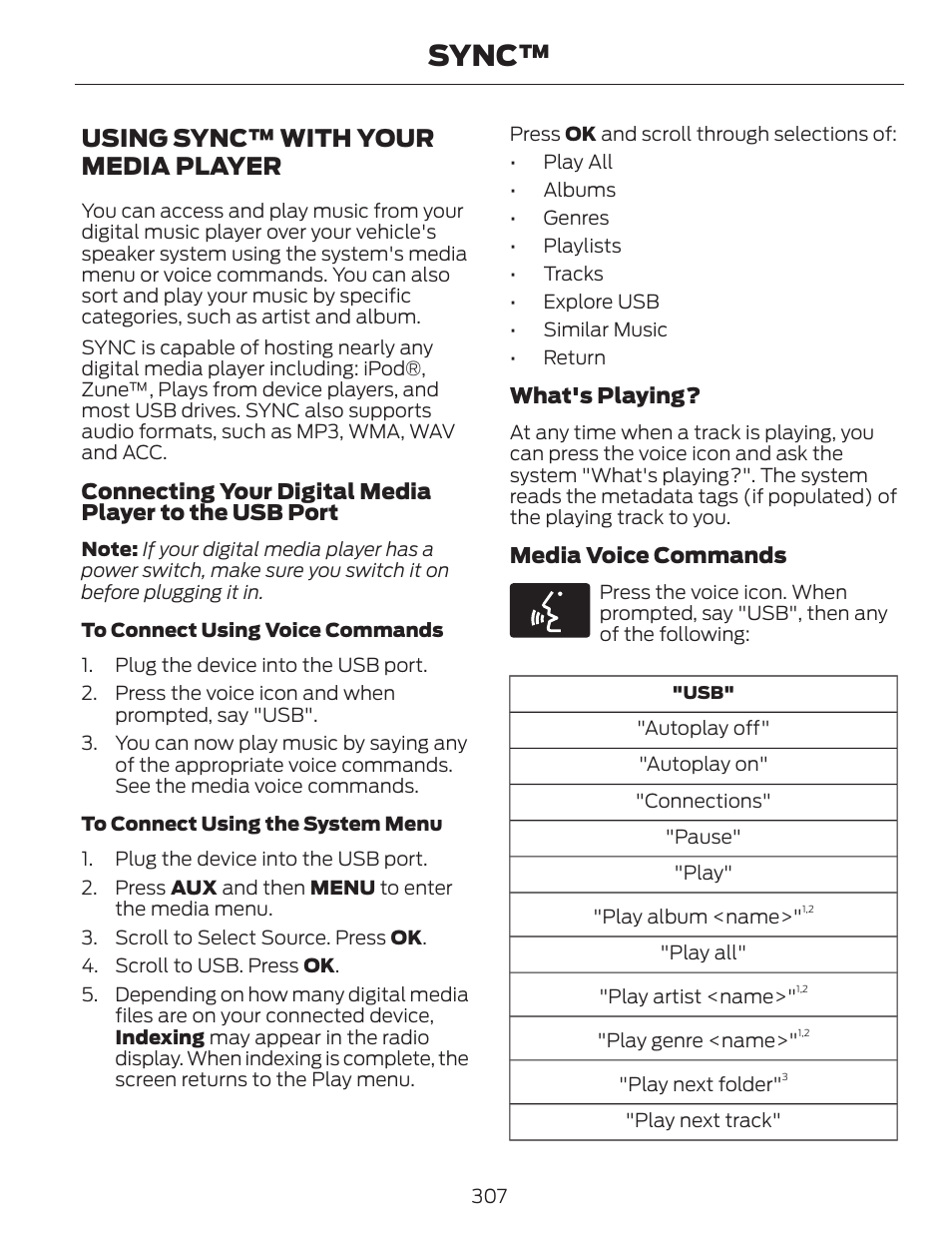 Sync, Using sync™ with your media player | FORD 2014 Escape v.1 User Manual | Page 310 / 428