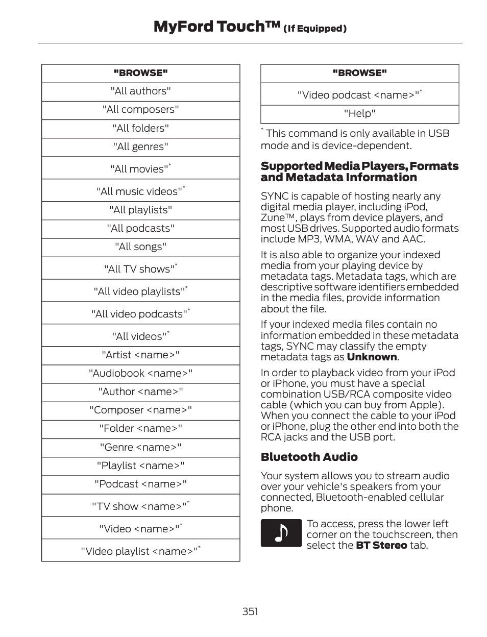 Myford touch, Bluetooth audio | FORD 2014 Escape v.1 User Manual | Page 354 / 428