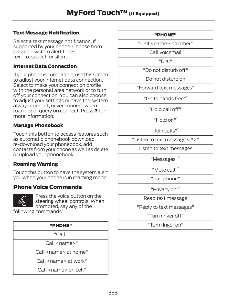 Myford touch, Phone voice commands | FORD 2014 Escape v.1 User Manual | Page 361 / 428