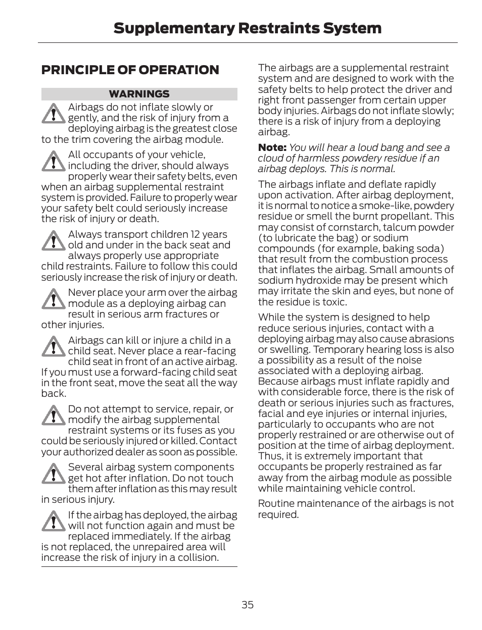 Supplementary restraints system, Principle of operation | FORD 2014 Escape v.1 User Manual | Page 38 / 428