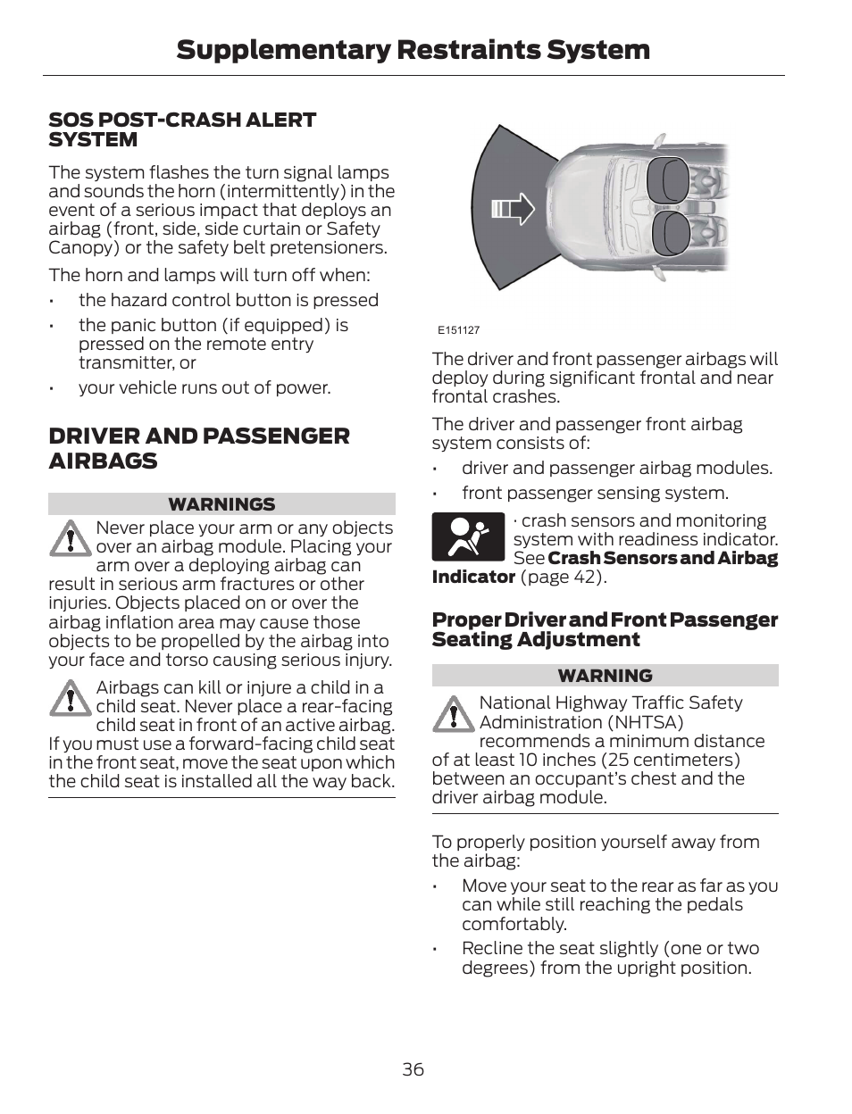 Supplementary restraints system, Driver and passenger airbags | FORD 2014 Escape v.1 User Manual | Page 39 / 428