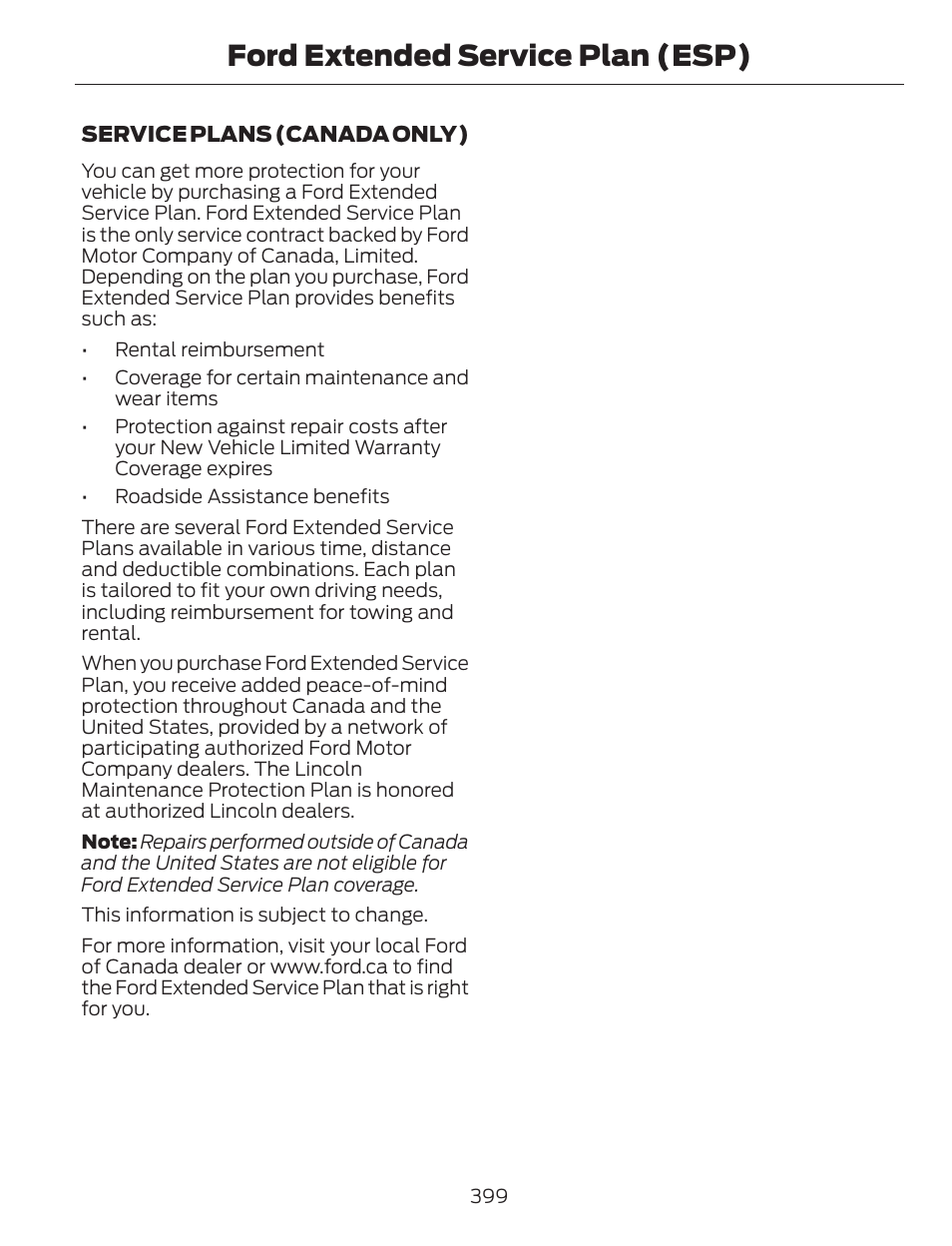 Ford extended service plan (esp) | FORD 2014 Escape v.1 User Manual | Page 402 / 428