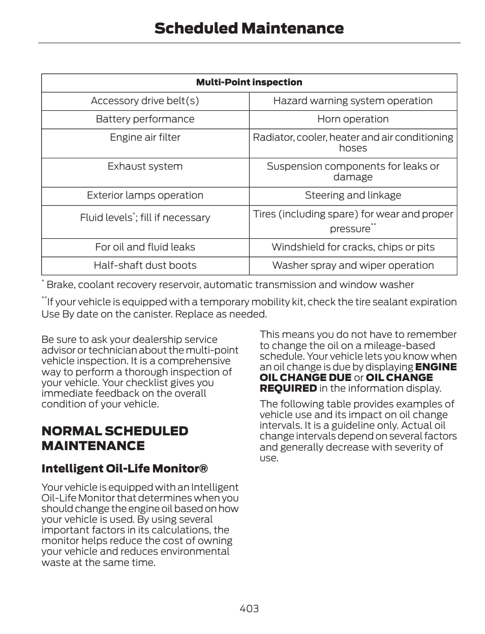 Scheduled maintenance, Normal scheduled maintenance | FORD 2014 Escape v.1 User Manual | Page 406 / 428