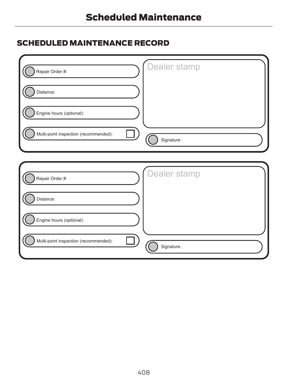 Dealer stamp, Scheduled maintenance, Scheduled maintenance record | FORD 2014 Escape v.1 User Manual | Page 411 / 428