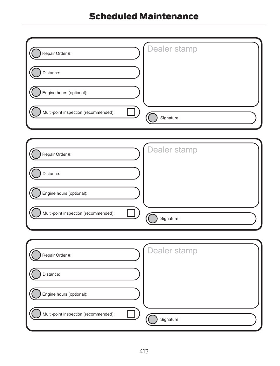 Dealer stamp, Scheduled maintenance | FORD 2014 Escape v.1 User Manual | Page 416 / 428