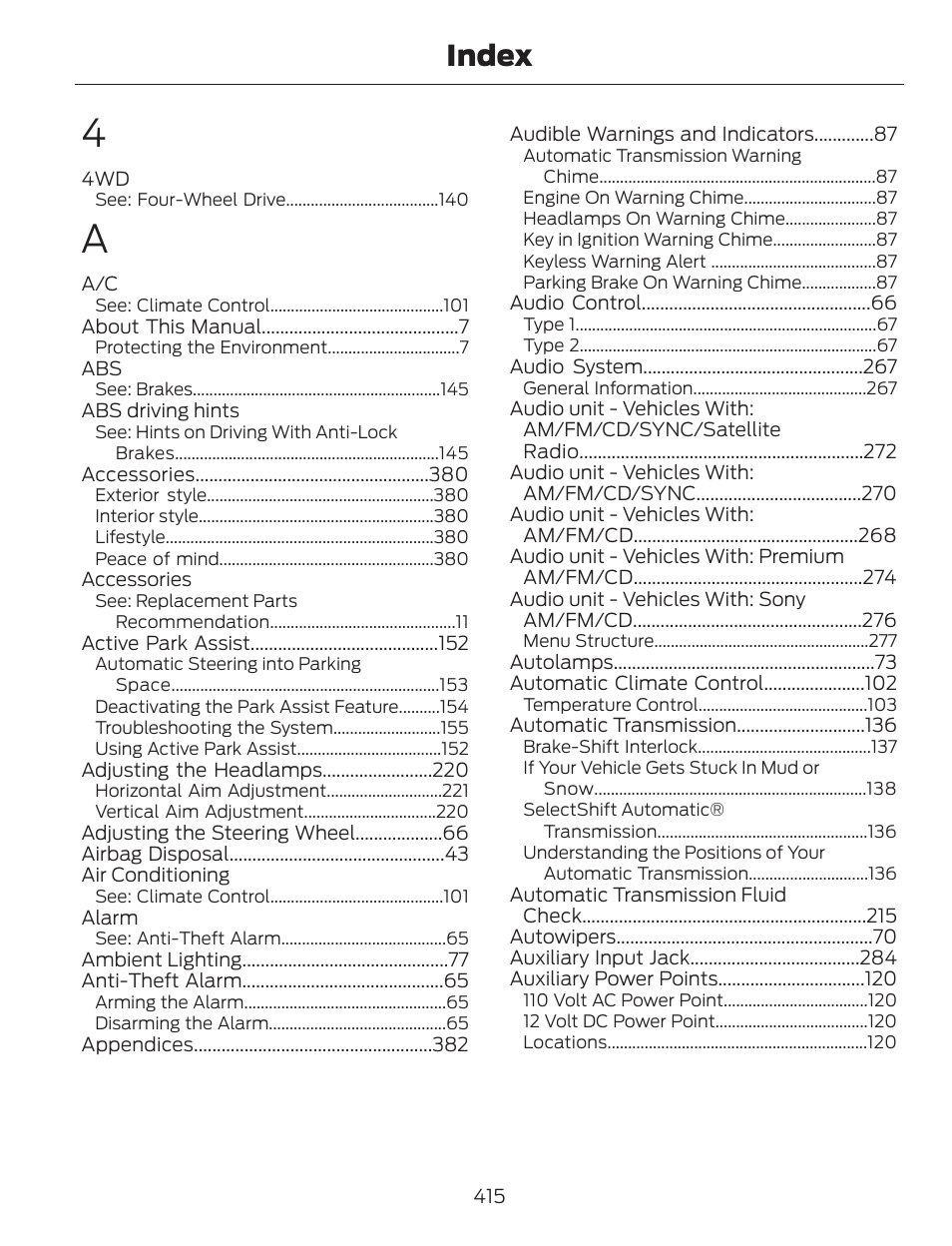 Index | FORD 2014 Escape v.1 User Manual | Page 418 / 428