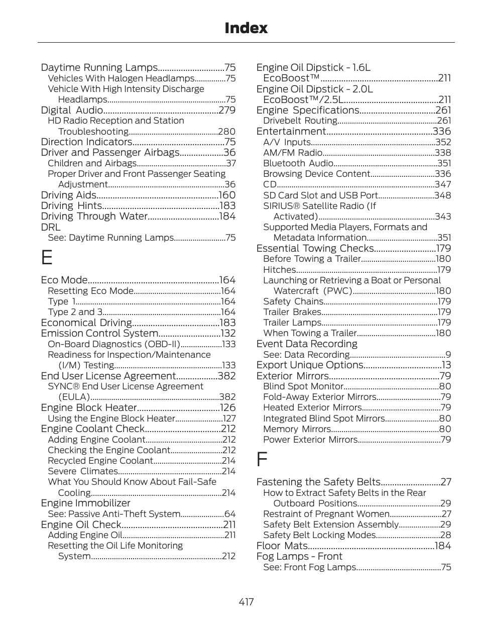 Index | FORD 2014 Escape v.1 User Manual | Page 420 / 428