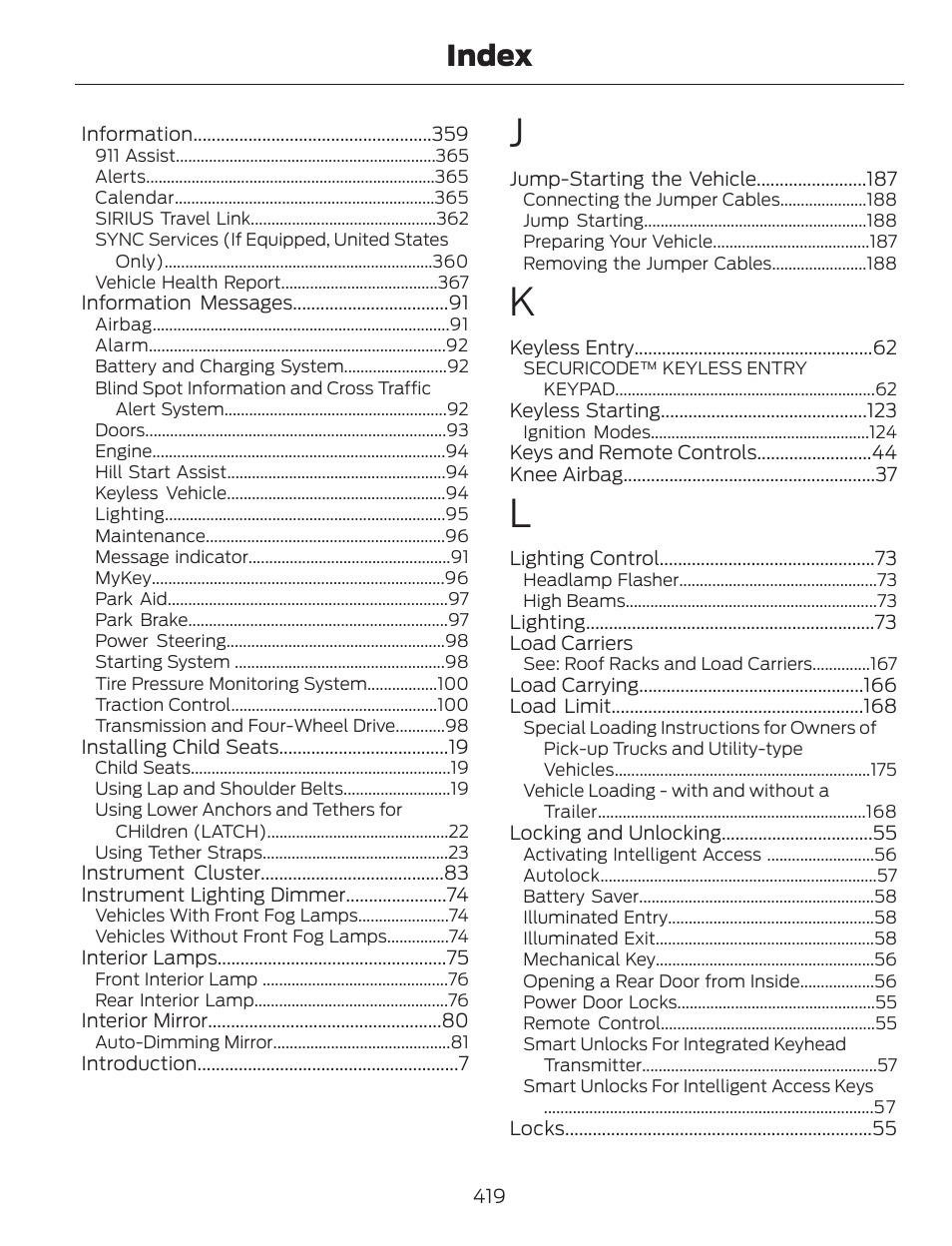 Index | FORD 2014 Escape v.1 User Manual | Page 422 / 428