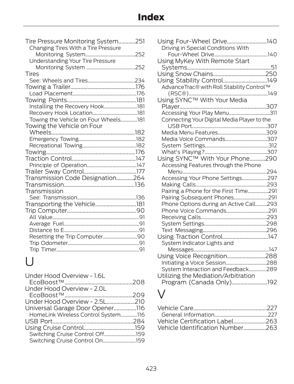 Index | FORD 2014 Escape v.1 User Manual | Page 426 / 428