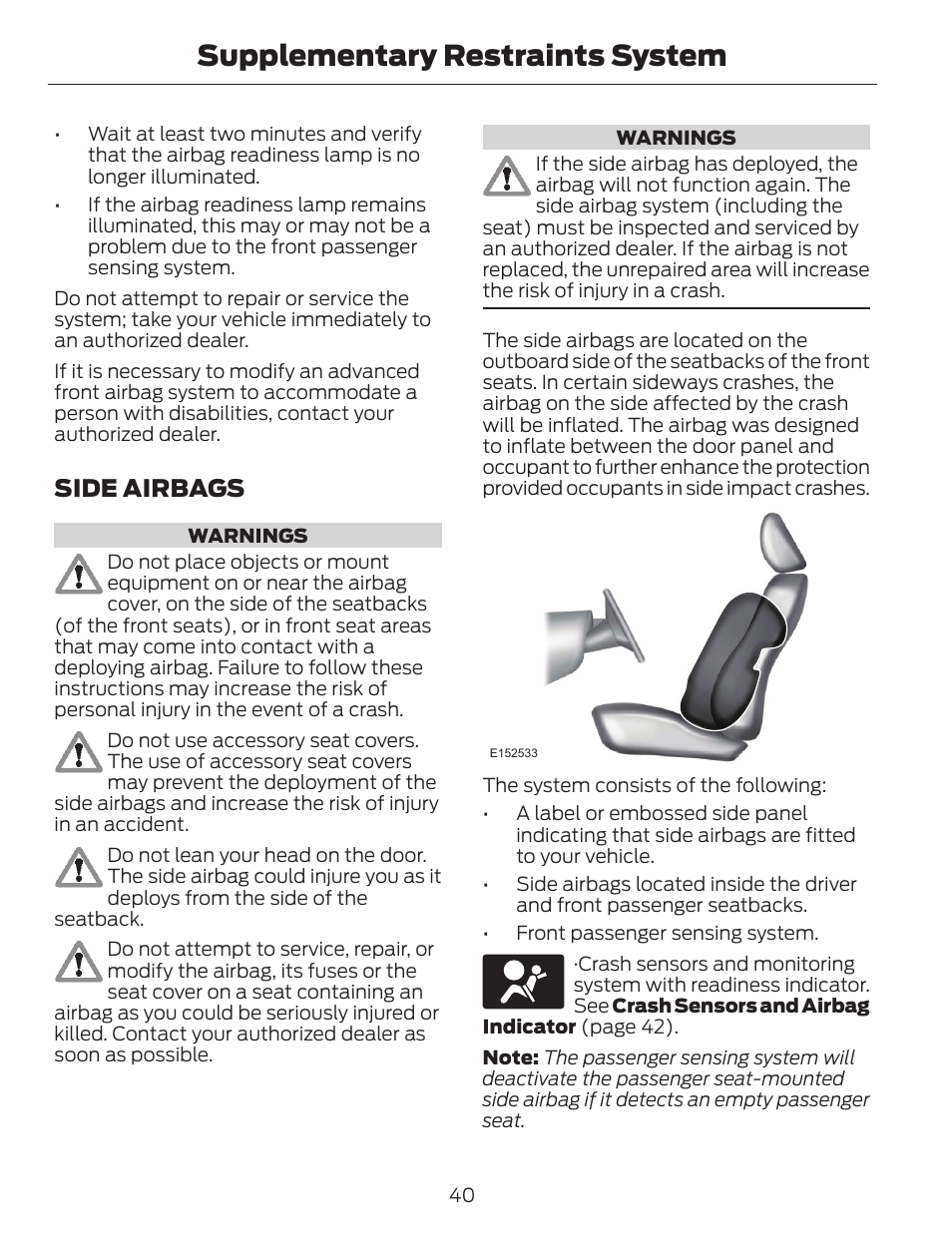 Supplementary restraints system, Side airbags | FORD 2014 Escape v.1 User Manual | Page 43 / 428