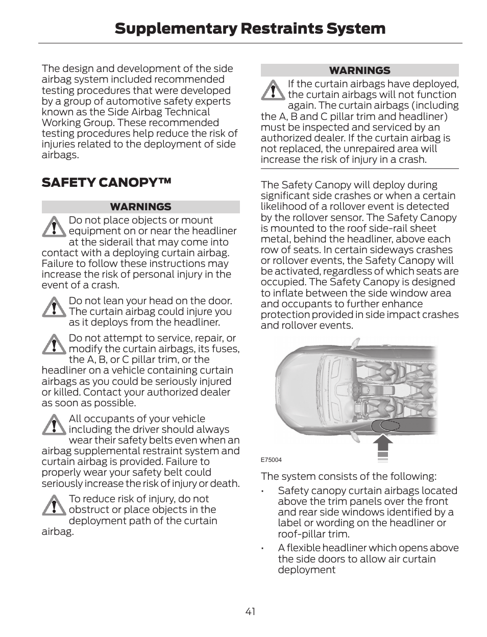 Supplementary restraints system, Safety canopy | FORD 2014 Escape v.1 User Manual | Page 44 / 428
