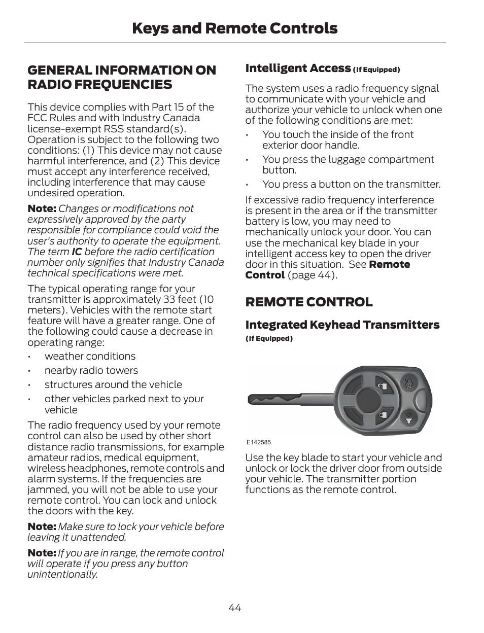 Keys and remote controls, General information on radio frequencies, Remote control | FORD 2014 Escape v.1 User Manual | Page 47 / 428