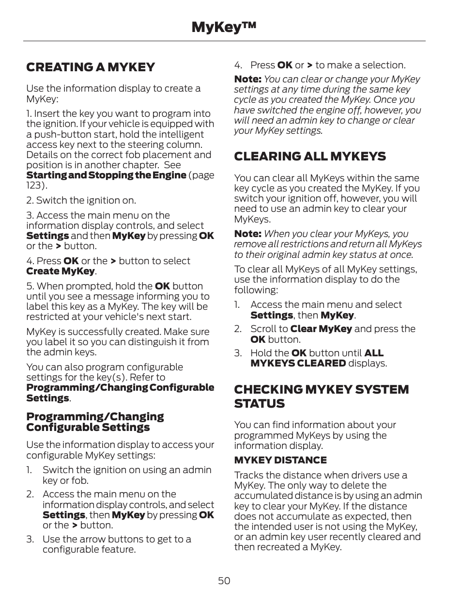 Mykey, Creating a mykey, Clearing all mykeys | Checking mykey system status | FORD 2014 Escape v.1 User Manual | Page 53 / 428