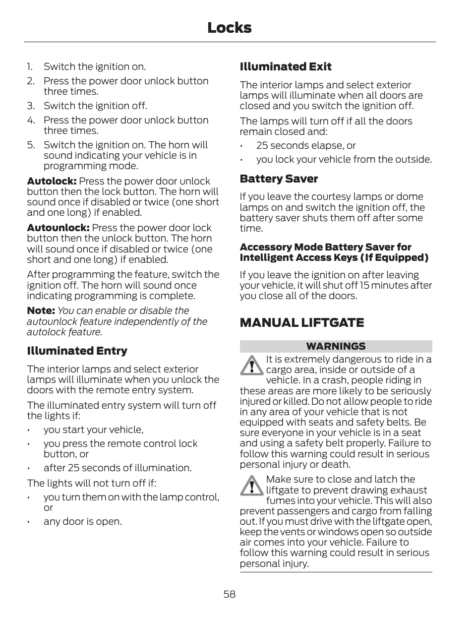 Locks, Manual liftgate | FORD 2014 Escape v.1 User Manual | Page 61 / 428