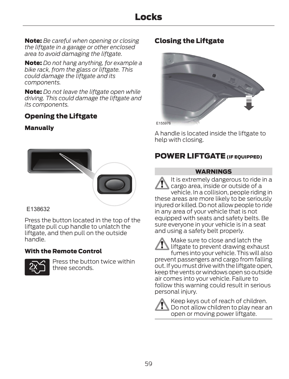 Locks, Power liftgate | FORD 2014 Escape v.1 User Manual | Page 62 / 428