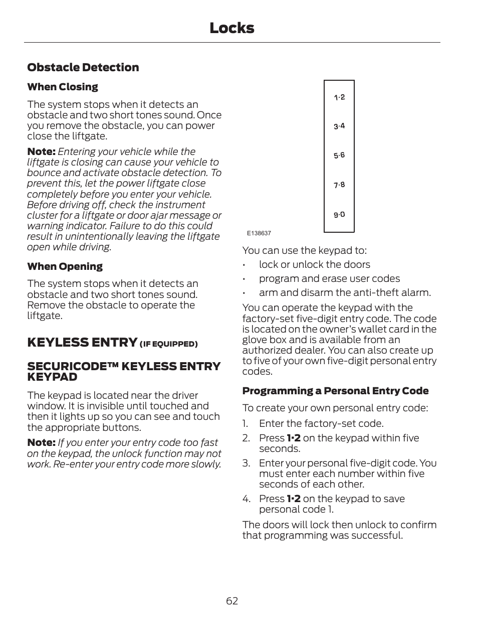 Locks, Keyless entry | FORD 2014 Escape v.1 User Manual | Page 65 / 428