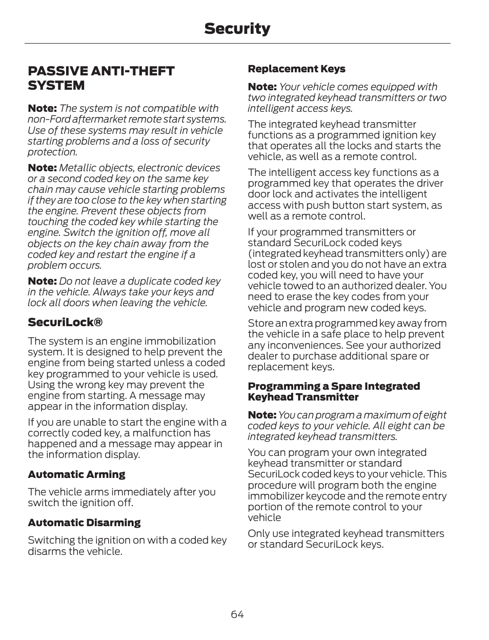 Security, Passive anti-theft system | FORD 2014 Escape v.1 User Manual | Page 67 / 428