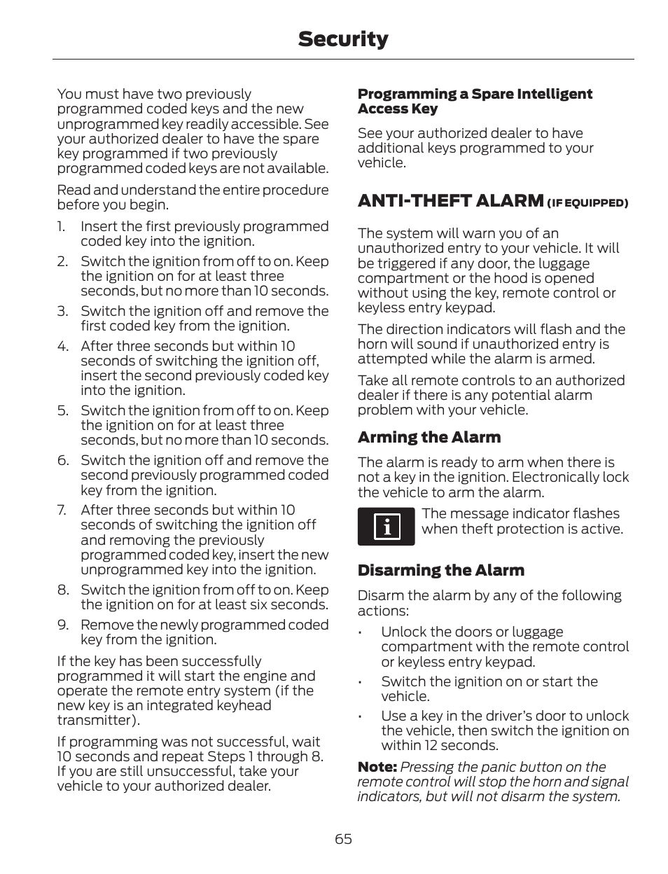 Security, Anti-theft alarm | FORD 2014 Escape v.1 User Manual | Page 68 / 428