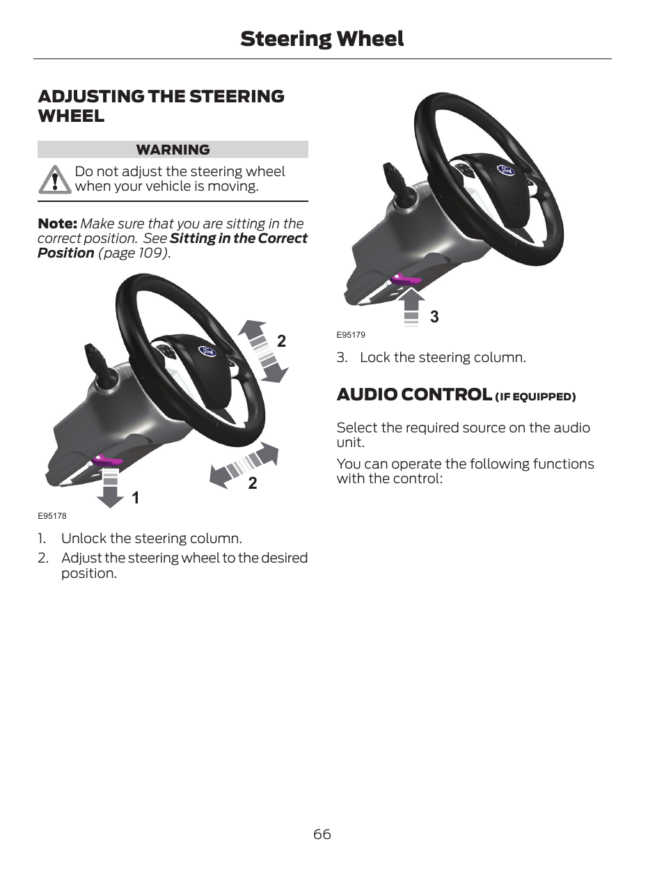 Steering wheel, Adjusting the steering wheel, Audio control | FORD 2014 Escape v.1 User Manual | Page 69 / 428