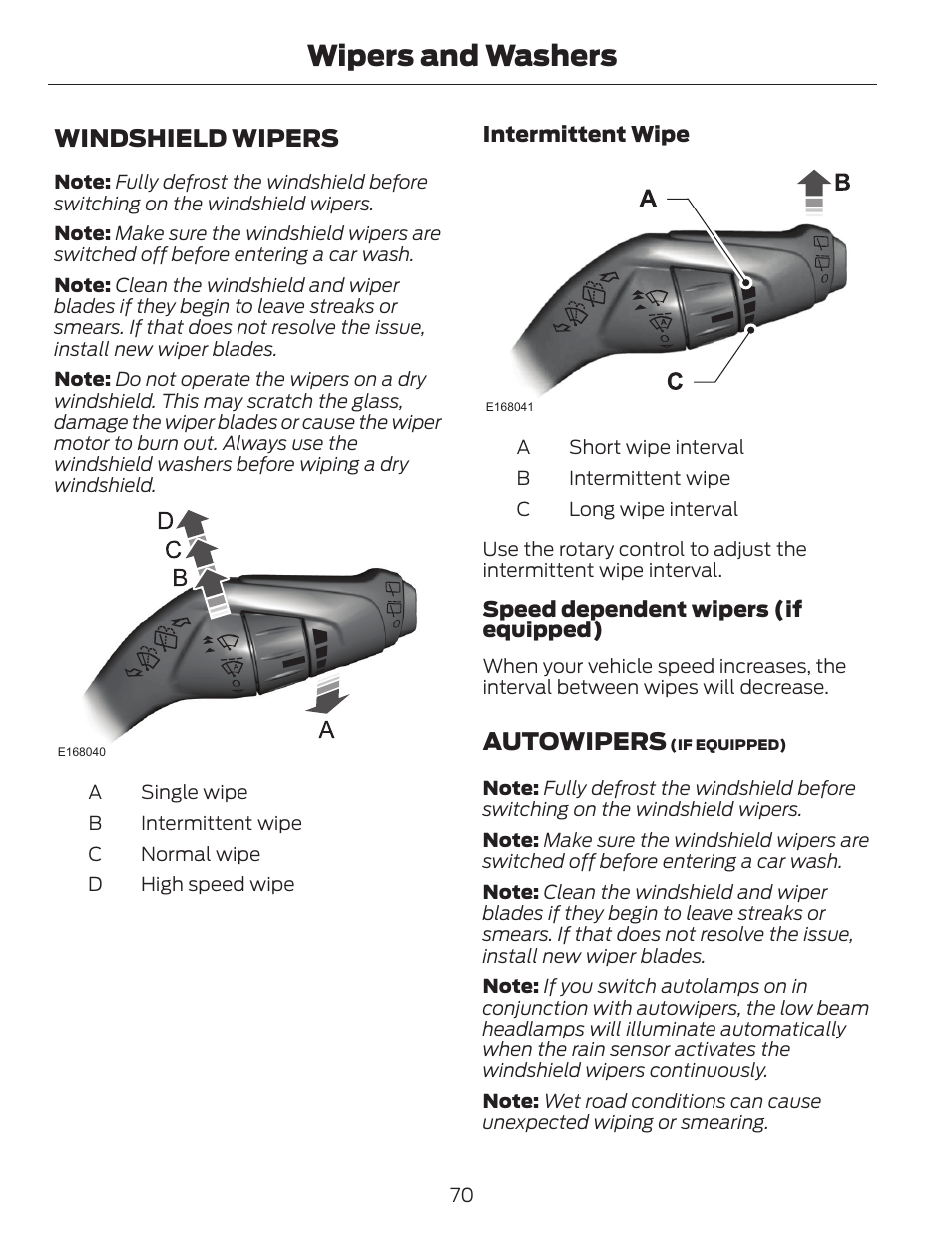 Wipers and washers, Windshield wipers, Autowipers | FORD 2014 Escape v.1 User Manual | Page 73 / 428