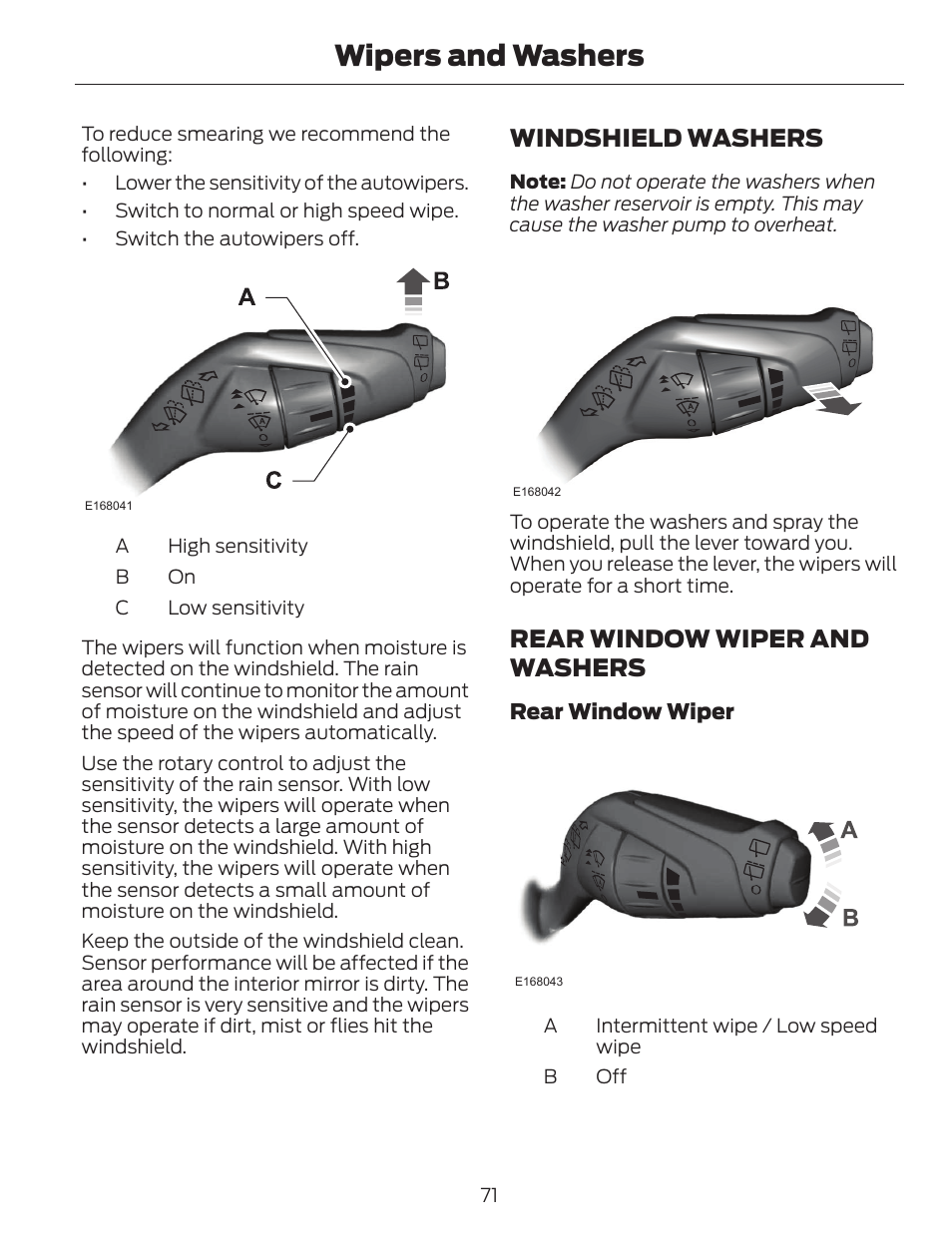 Wipers and washers, Windshield washers, Rear window wiper and washers | FORD 2014 Escape v.1 User Manual | Page 74 / 428