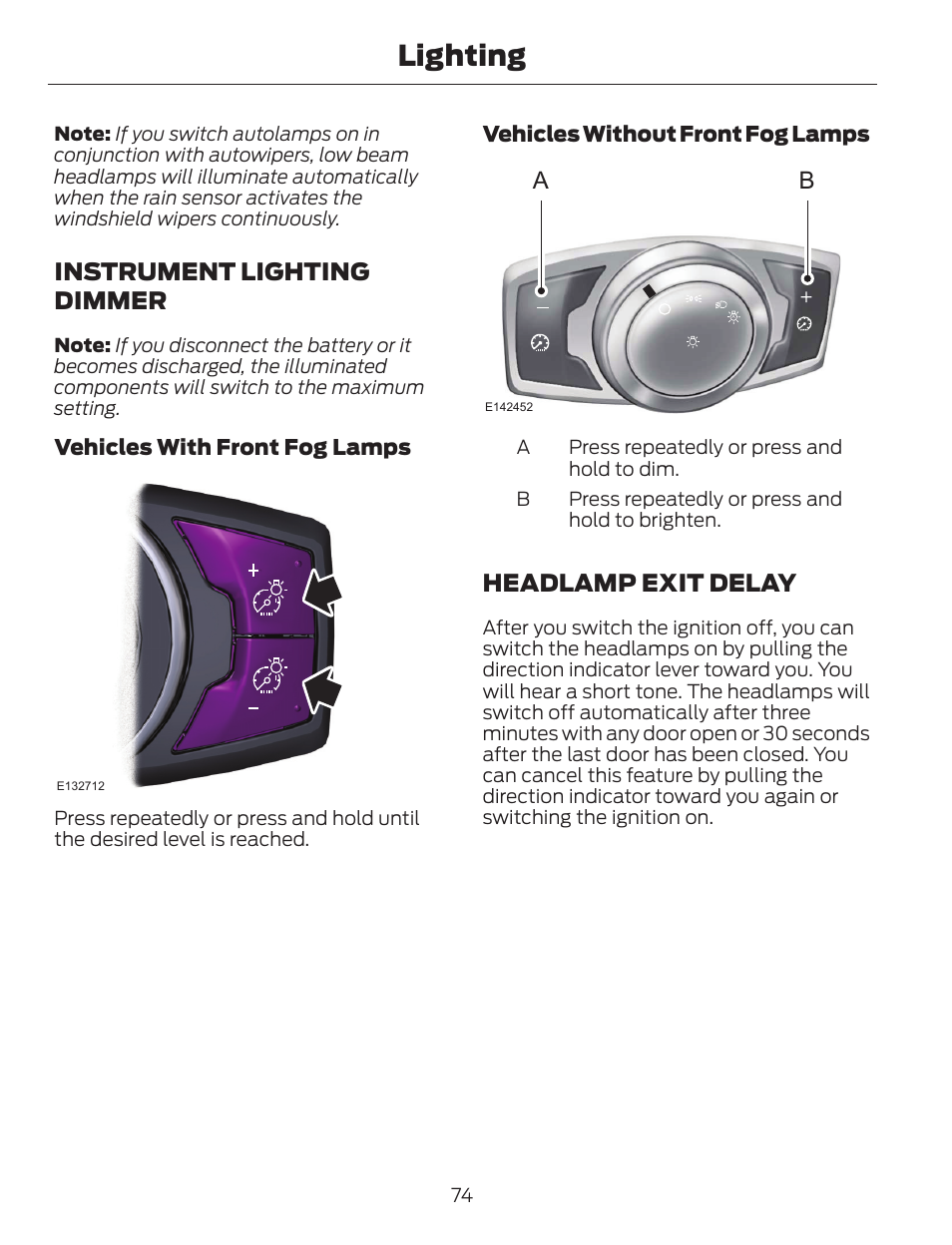 Lighting, Instrument lighting dimmer, Headlamp exit delay | FORD 2014 Escape v.1 User Manual | Page 77 / 428