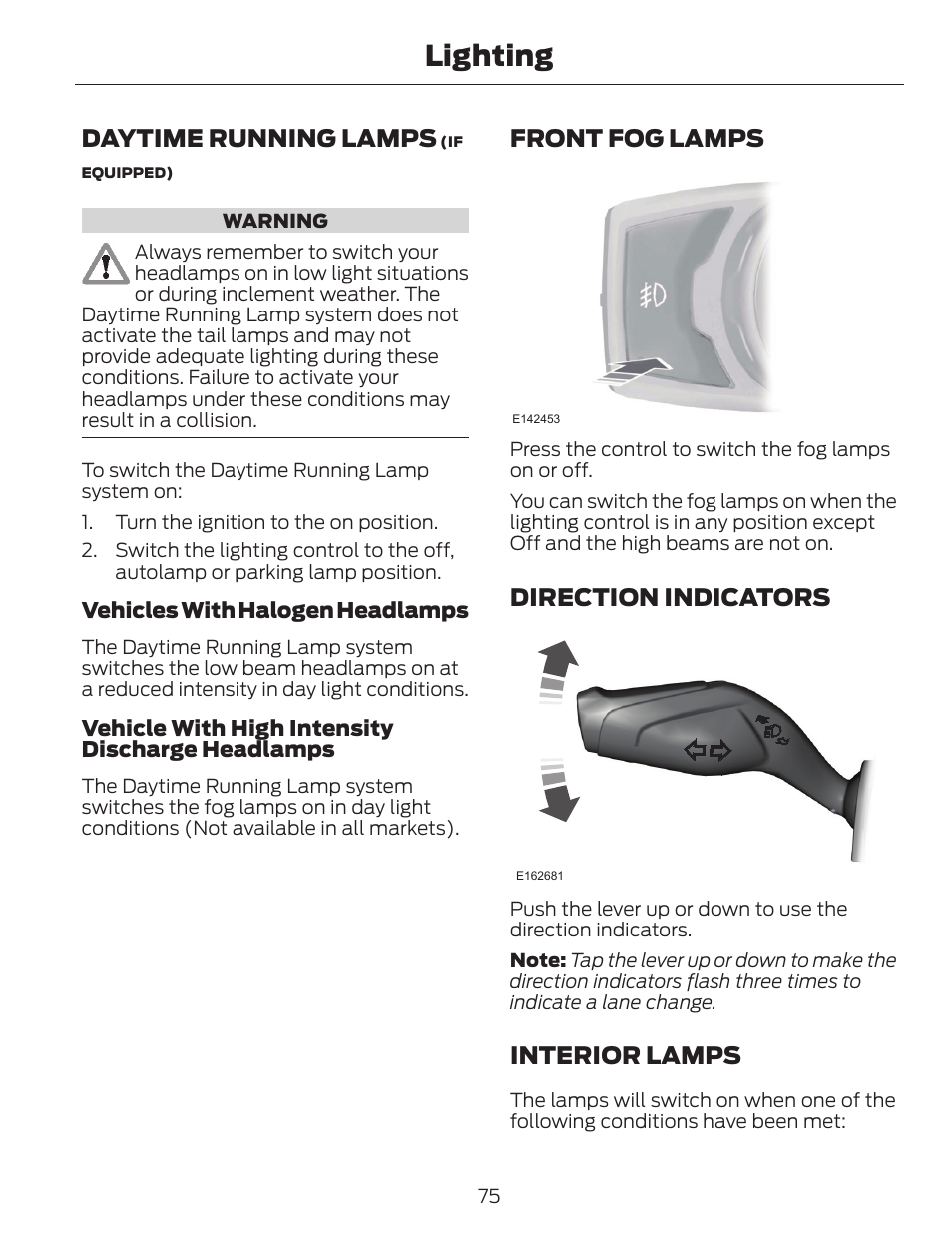 Lighting, Daytime running lamps, Front fog lamps | Direction indicators, Interior lamps | FORD 2014 Escape v.1 User Manual | Page 78 / 428