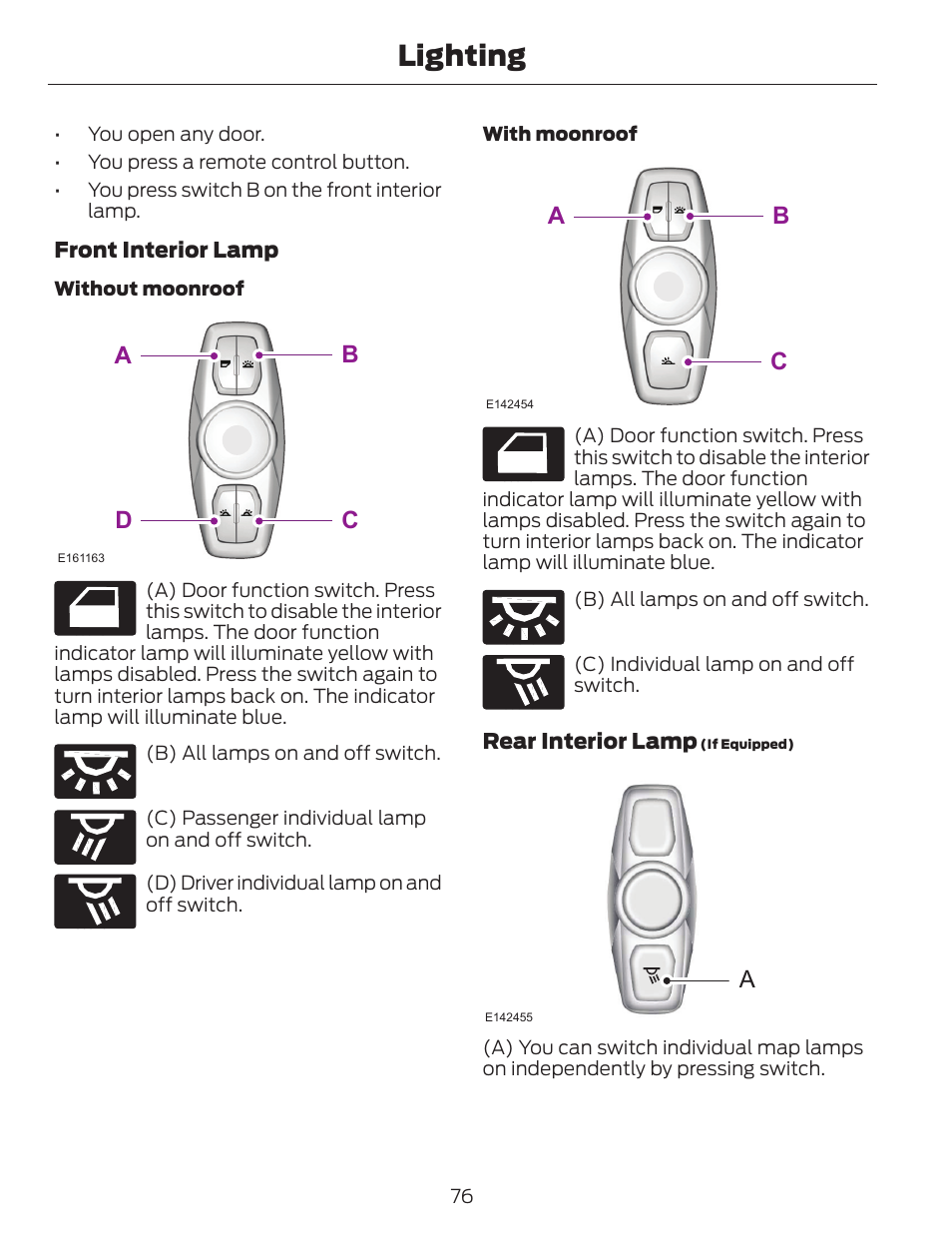 Lighting, Ba c d, Ba c | FORD 2014 Escape v.1 User Manual | Page 79 / 428