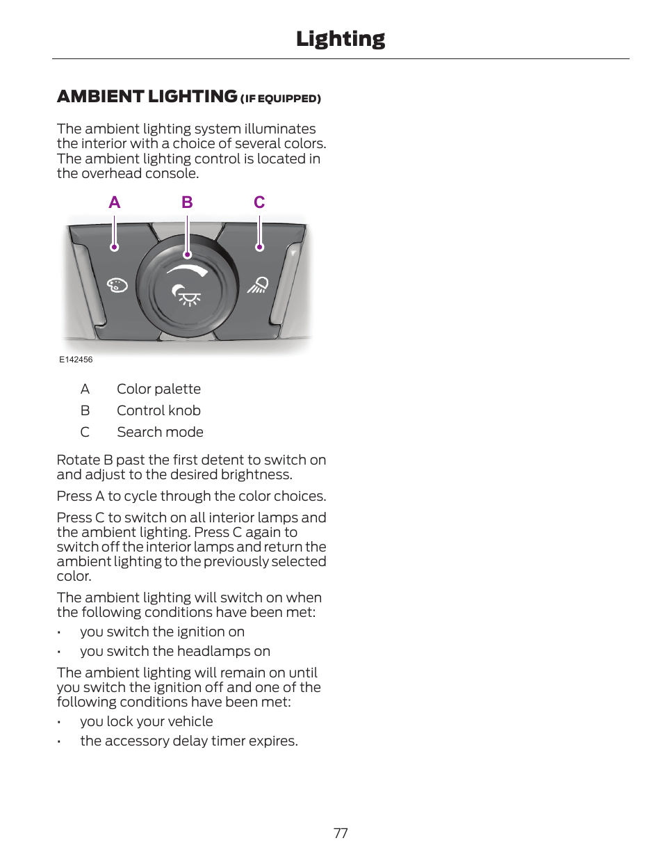 Lighting, Ambient lighting, Ab c | FORD 2014 Escape v.1 User Manual | Page 80 / 428